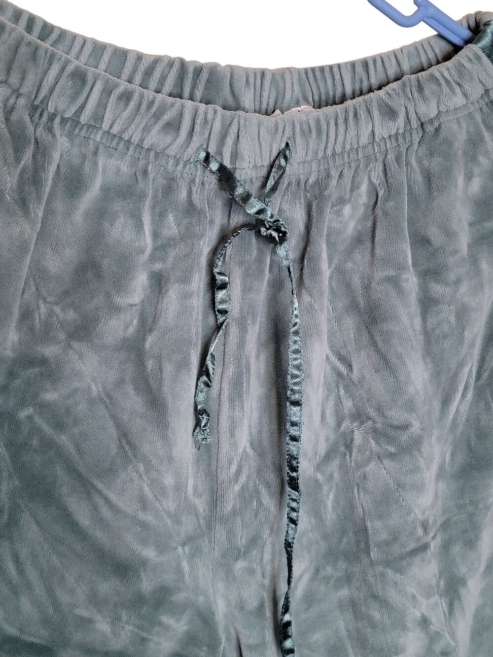 Vintage Maggie Starr Velour Pajama Set Medium Blue Satin Leaf Trim Loungewear - Picture 12 of 15